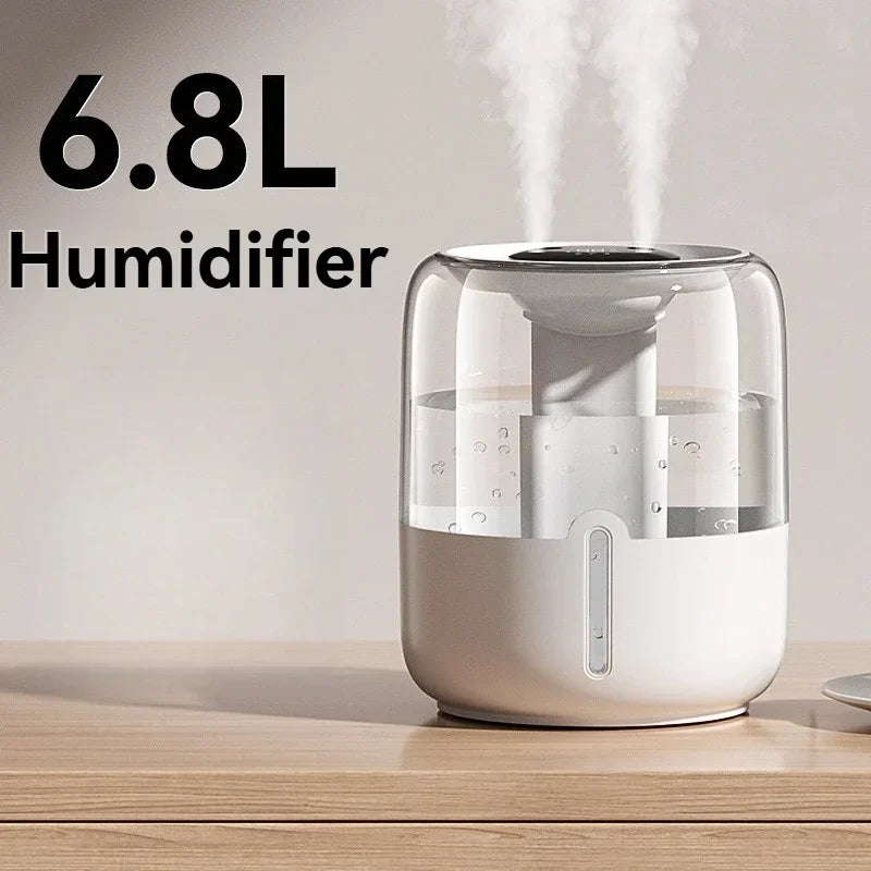 6.8L USB Humidifier with Dual Spray, Quiet Operation, Night Light, for Home, Office, Bedroom, Dorm, and Desktop Use.